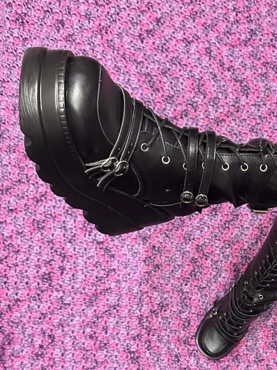 Women Black Faux Leather Over Knee Thigh Goth Buckles Side Zip Lace Boots 5.5-10 - Picture 8 of 8